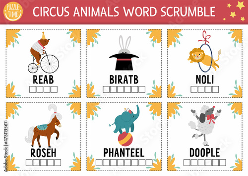 Vector circus word scramble square cards. English language game with bear, horse, rabbit for kids. Amusement holiday family quiz with funny animal performers. Printable activity page..