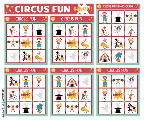 Vector circus bingo cards set. Fun family lotto board game with cute clown, marquee, stage performers for kids. Amusement show lottery activity. Simple educational printable worksheet..
