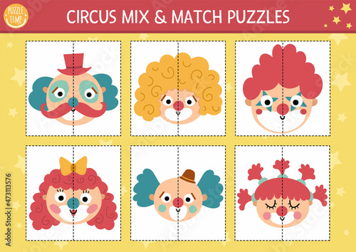 Vector circus mix and match puzzle with clown faces. Matching amusement show activity for preschool kids. Educational printable game with stage performers.