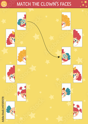 Circus connect the halves worksheet.  Matching game for preschool children with clown faces. Match head parts activity with cute amusement show stage performers.
