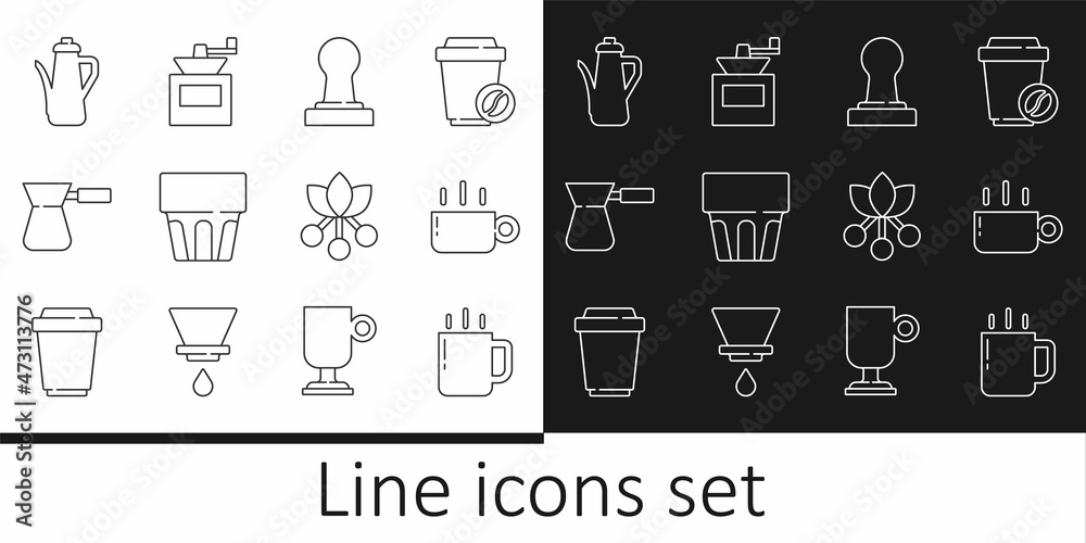 Set line Coffee cup, tamper, Glass with water, turk, Teapot, bean, branch and Manual coffee grinder icon. Vector