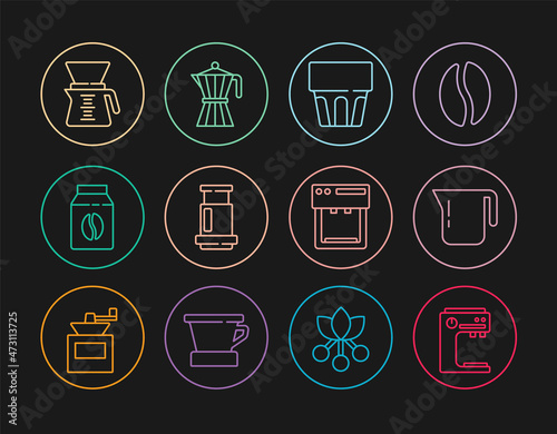Set line Coffee machine, pot, Glass with water, Aeropress coffee, Bag beans, Pour over maker, and moca icon. Vector