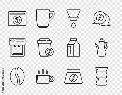Set line Coffee beans, Pour over coffee maker, V60, cup, Bag, to go, and Teapot icon. Vector