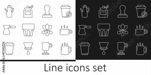 Set line Coffee cup, tamper, Glass with water, turk, Teapot, bean, branch and Manual coffee grinder icon. Vector