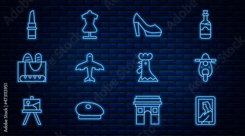Set line Portrait in museum, Scooter, Woman shoe, Plane, French baguette bread, Lipstick, rooster and Mannequin icon. Vector