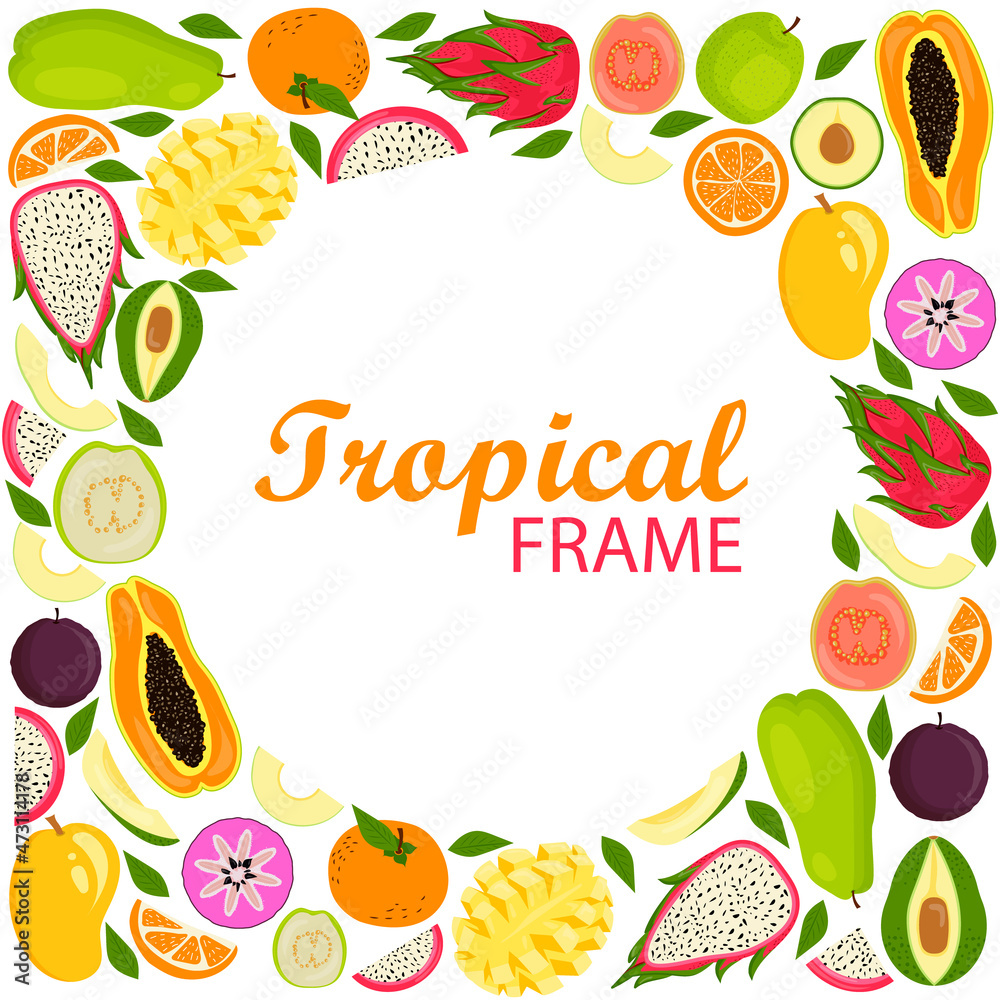 Obraz premium Tropical Hawaiian round frame with exotic fruits and leaves.Template design.