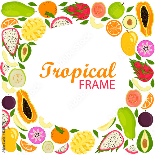 Tropical Hawaiian round frame with exotic fruits and leaves.Template design.