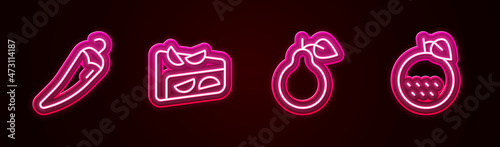 Set line Hot chili pepper, Homemade fruit pie, Pear and Orange. Glowing neon icon. Vector