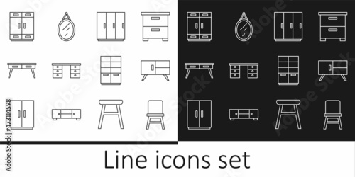 Set line Chair, Chest of drawers, Wardrobe, Office desk, and Mirror icon. Vector