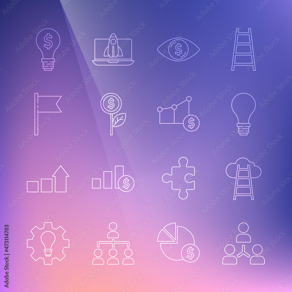 Set line Project team base, Stair with finish flag, Light bulb concept of idea, Eye dollar, Dollar plant, Location marker, and Pie chart and icon. Vector Set line Project team base, Stair with finish flag, Light bulb concept of idea, Eye dollar, Dollar plant, Location marker, and Pie chart and icon. Vector