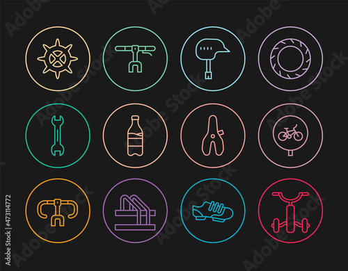 Set line Bicycle for kids, helmet, Sport bottle with water, Wrench spanner, sprocket crank, seat and handlebar icon. Vector