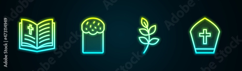 Set line Holy bible book, Easter cake, Willow leaf and Pope hat. Glowing neon icon. Vector