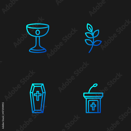 Set line Church sermon tribune, Coffin, Christian chalice and Willow leaf. Gradient color icons. Vector