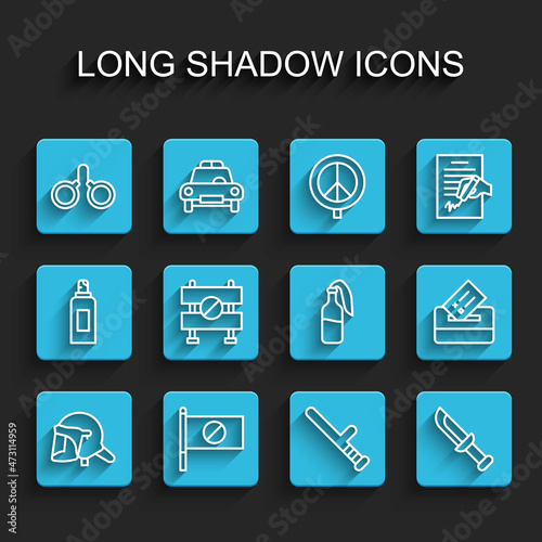 Set line Police helmet, Protest, Handcuffs, rubber baton, Military knife, Road barrier, Vote box and Cocktail molotov icon. Vector