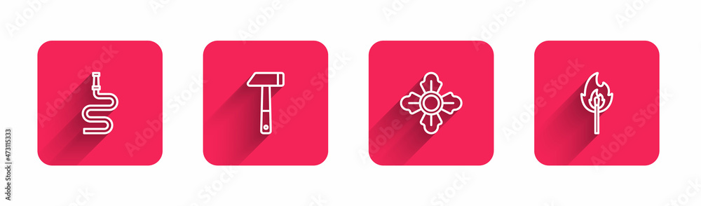 Set line Fire hose reel, Hammer, Firefighter and Burning match with fire with long shadow. Red square button. Vector Set line Fire hose reel, Hammer, Firefighter and Burning match with fire with long shadow. Red square button. Vector