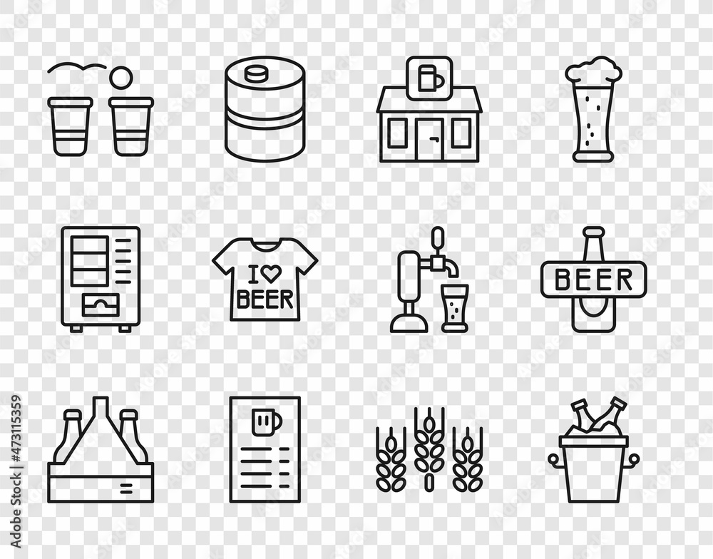 Set line Pack of beer bottles, Beer in ice bucket, Store building shop, menu, pong game, T-shirt, Wheat and icon. Vector Set line Pack of beer bottles, Beer in ice bucket, Store building shop, menu, pong game, T-shirt, Wheat and icon. Vector