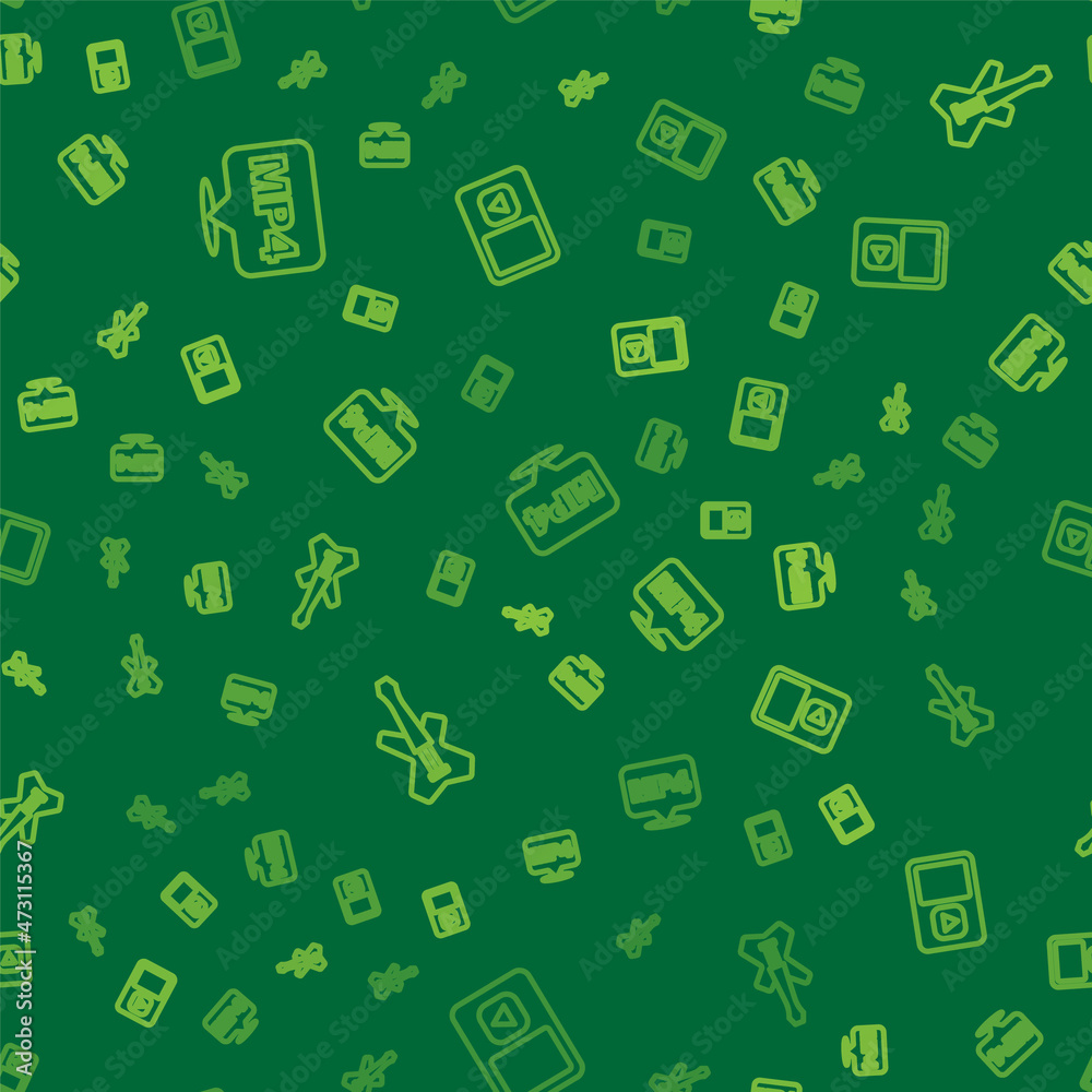 Set line MP4 file document, Electric bass guitar and Music player on seamless pattern. Vector Set line MP4 file document, Electric bass guitar and Music player on seamless pattern. Vector