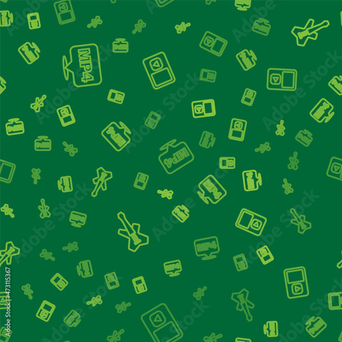 Set line MP4 file document, Electric bass guitar and Music player on seamless pattern. Vector