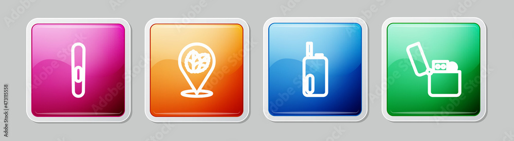 Set line Cigar, Tobacco leaf, Electronic cigarette and Lighter. Colorful square button. Vector Set line Cigar, Tobacco leaf, Electronic cigarette and Lighter. Colorful square button. Vector