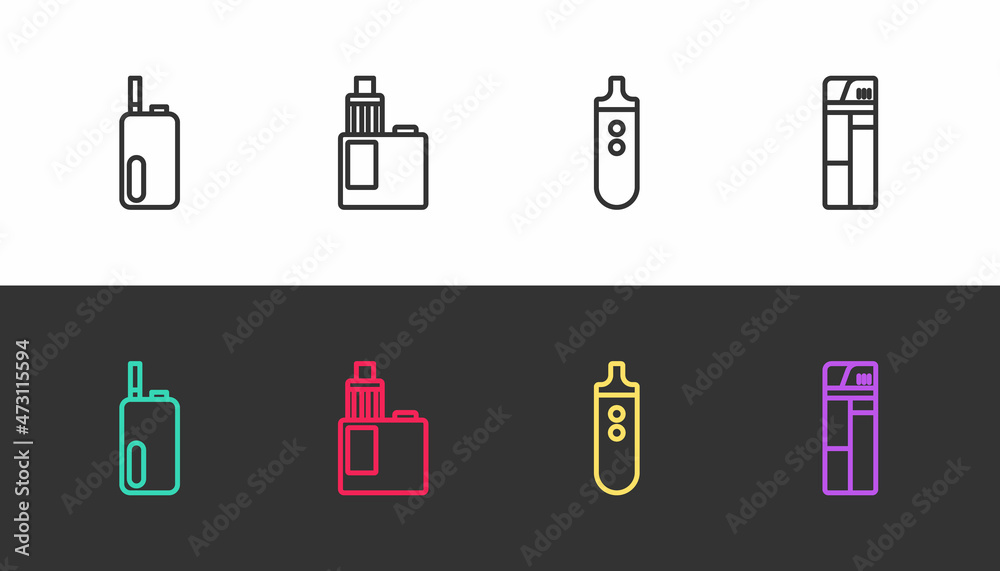 Set line Electronic cigarette, Vape mod device, and Lighter on black and white. Vector Set line Electronic cigarette, Vape mod device, and Lighter on black and white. Vector