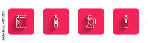 Set line Electronic cigarette, Hookah and with long shadow. Red square button. Vector