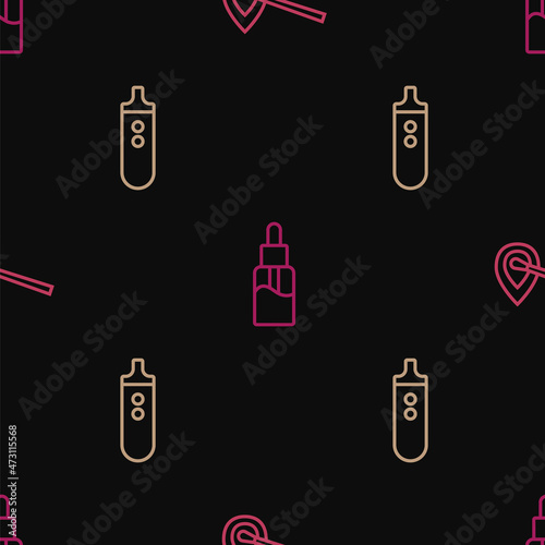 Set line Burning match with fire, Electronic cigarette and Vape liquid bottle on seamless pattern. Vector