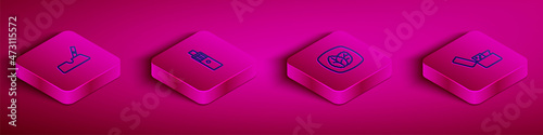 Set Isometric line Ashtray with cigarette, Vape mod device, Tobacco leaf and Lighter icon. Vector