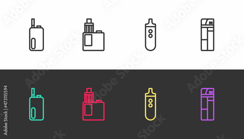 Set line Electronic cigarette, Vape mod device, and Lighter on black and white. Vector