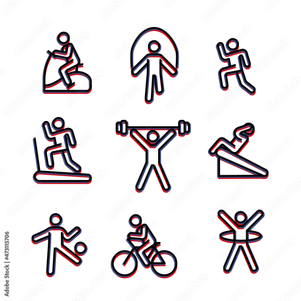 Healhty fitness icon. Flat sport pictogram for web. Line stroke. Simple gym and diet symbols in stack isolated on white background. Outline icon vector eps10 Healhty fitness icon. Flat sport pictogram for web. Line stroke. Simple gym and diet symbols in stack isolated on white background. Outline icon vector eps10