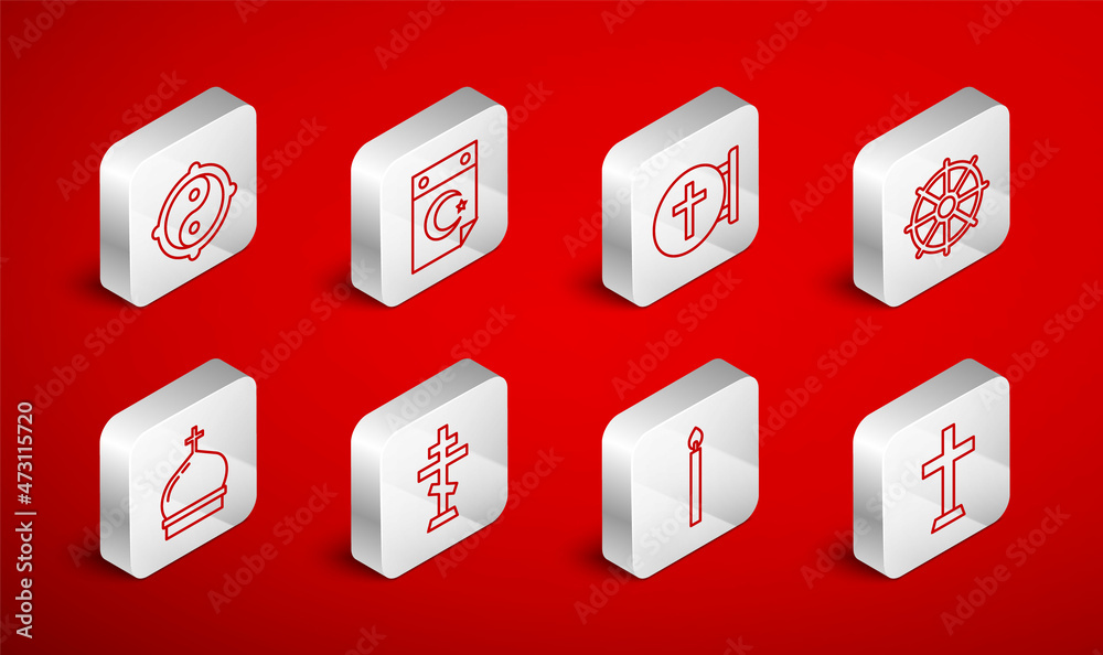 Set line Christian cross, Star and crescent, Dharma wheel, Burning candle, Yin Yang, and Church tower icon. Vector Set line Christian cross, Star and crescent, Dharma wheel, Burning candle, Yin Yang, and Church tower icon. Vector
