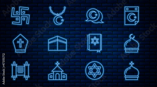 Set line Church tower, Muslim Mosque, Star and crescent, Kaaba mosque, Pope hat, Hindu swastika, Jewish torah book and on chain icon. Vector