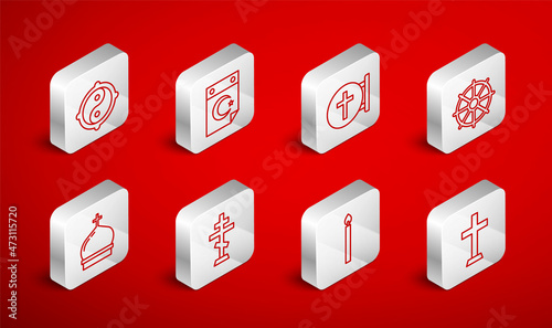 Set line Christian cross, Star and crescent, Dharma wheel, Burning candle, Yin Yang, and Church tower icon. Vector