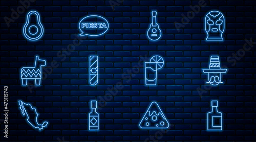 Set line Tequila bottle, Mexican man sombrero, guitar, Cigar, Pinata, Avocado fruit, glass with lemon and Fiesta icon. Vector