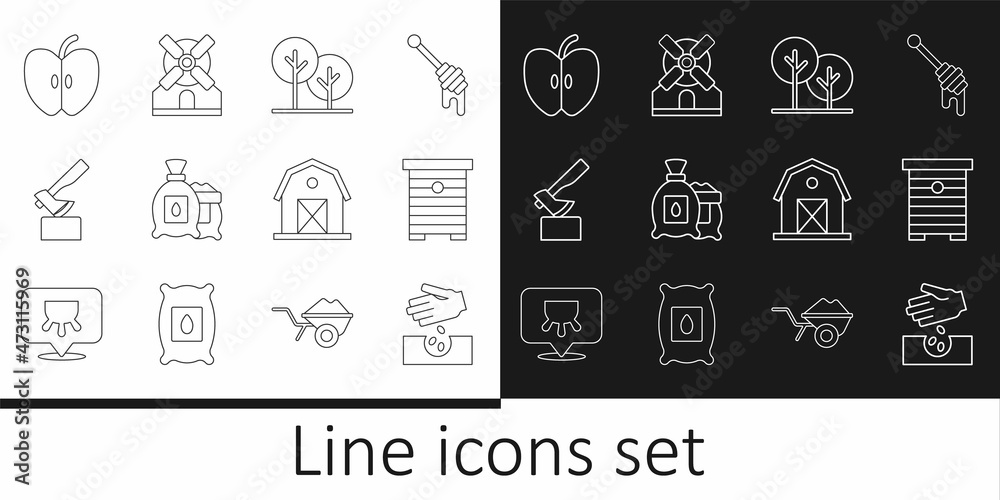 Set line Seeds, Hive for bees, Tree, Pack full of seeds of plant, Wooden axe, Apple, Farm house and Windmill icon. Vector