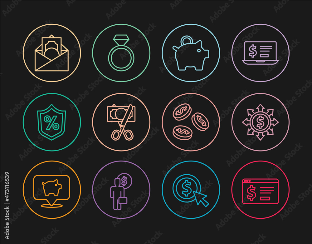 Set line Online banking with dollar, Dollar, share, network, Piggy, Scissors cutting money, Loan percent, Envelope symbol, Coin and Diamond engagement ring icon. Vector Set line Online banking with dollar, Dollar, share, network, Piggy, Scissors cutting money, Loan percent, Envelope symbol, Coin and Diamond engagement ring icon. Vector