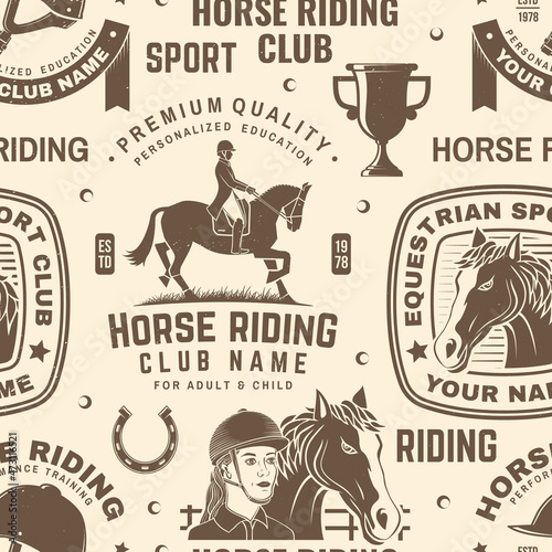 Set of Horse riding sport club seamless pattern. Vector illustration. Vintage monochrome equestrian background with rider and horse silhouettes. Horseback riding sport. Concept for pattern background