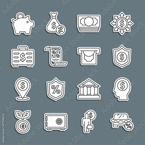 Set line Car leasing percent, Business man planning mind, Shield with dollar, Stacks paper money cash, Finance document, Briefcase and, Piggy bank and ATM icon. Vector