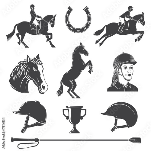 Set of Horse riding sport icon. Vector illustration. Vintage monochrome equestrian icon, sign with rider, horseshoe,helmet , horse head, riding crop and horse silhouettes
