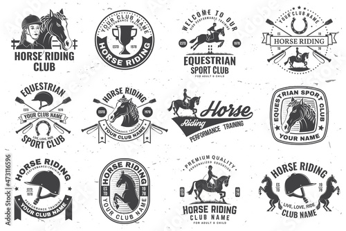 Canvas Set of Horse riding sport club badges, patches, emblem, logo