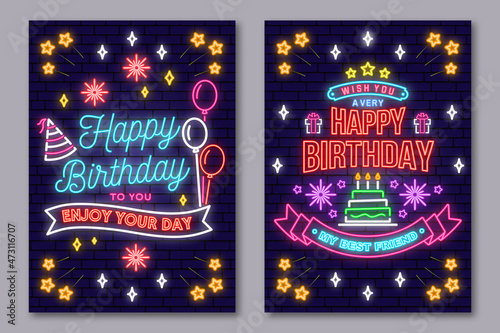 Happy Birthday to you. Enjoy your Day neon sign. Card, flyers, poster with bunch of balloons and birthday hat. Vector. Neon design for birthday celebration emblem. Night neon signboard.