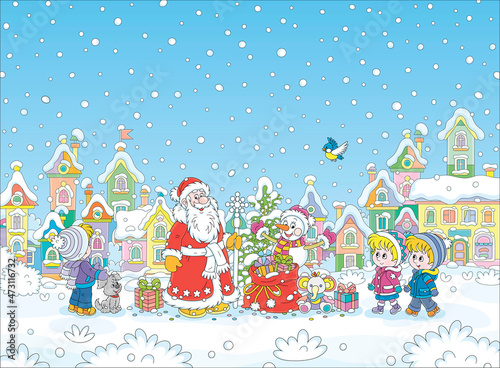 Santa Claus and a funny toy snowman with a Christmas fir tree and a magic bag of holiday gifts for little children in a snowy park of a pretty small town, vector cartoon illustration