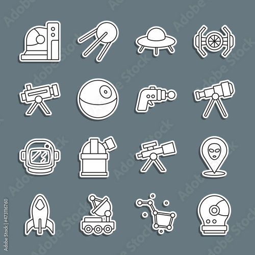 Set line Astronaut helmet, Alien, Telescope, UFO flying spaceship, Planet, and Ray gun icon. Vector