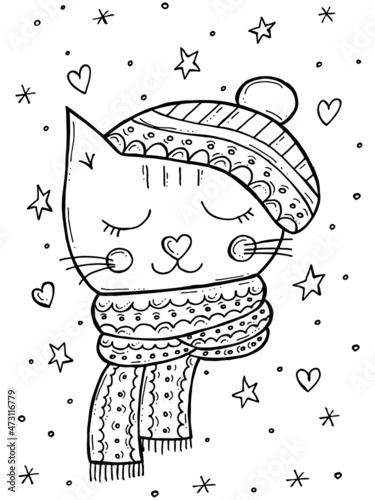 Children's coloring book. Hand-drawn doodle winter vector illustration. Merry Christmas 2022. A cat in a beret with an ornament and a scarf.