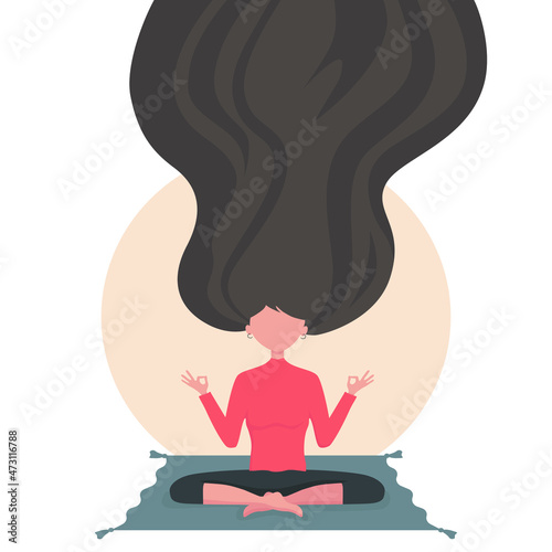 Girl meditates and tries to be calm on a white background with a pink circle. Yoga vector illustration