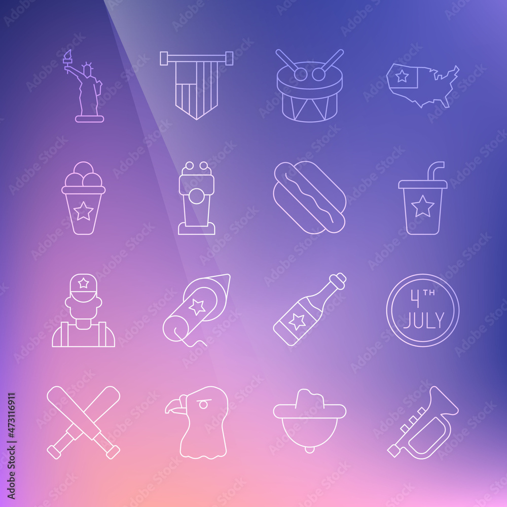 Set line Trumpet, Calendar with date July 4, Paper glass straw, Drum and drum sticks, Stage stand or tribune, Ice cream in waffle cone, Statue of Liberty and Hotdog sandwich icon. Vector