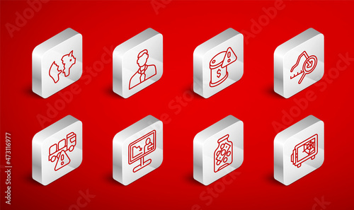 Set line Safe, Worker, Drop in crude oil price, Global economic crisis, Glass money jar with coin, Broken piggy bank, news and Stop delivery cargo truck icon. Vector