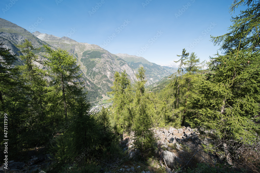 landscape and view of the matter valley from the europa hiking trail. The hiking trail goes from Grächen to Zermatt.