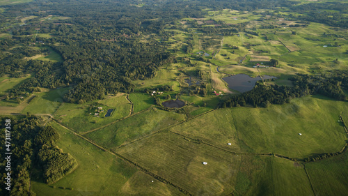 Drone view of meadows used to cut grass for animals