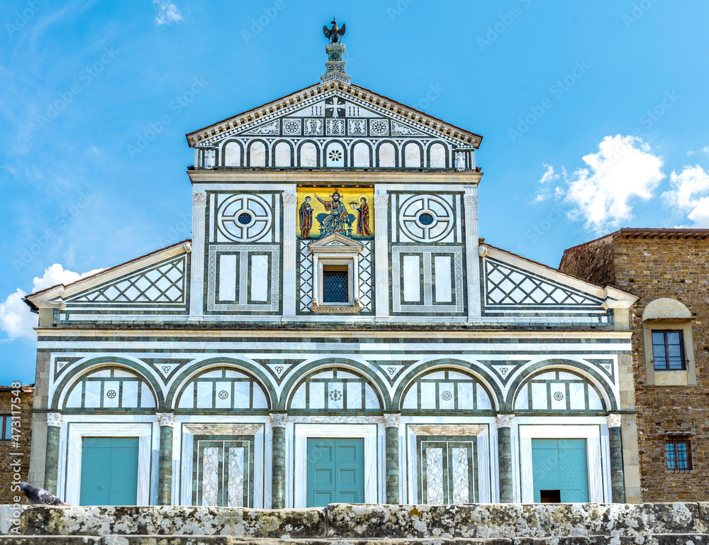 The façade of the Basilica of San Miniato al Monte (St. Minias on the Mountain), one of the finest Romanesque structures in Tuscany, built in 11th the century, Florence, Italy
