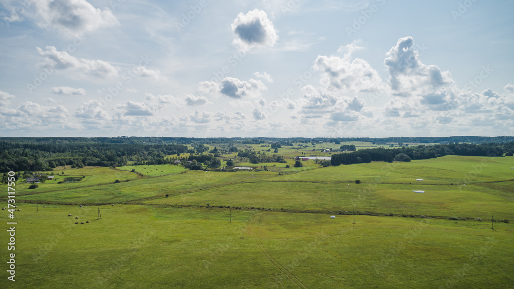 Fototapeta premium Drone view of fields, forests and sky.